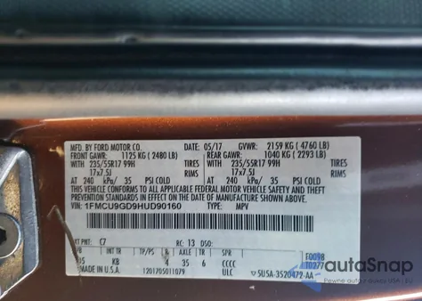 2017 Ford Escape Se из США, поврежденный, VIN 1FMCU9GD9HUD90160